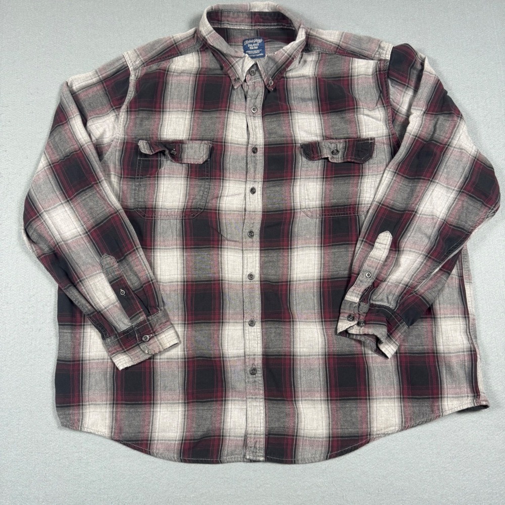 Faded Glory Men 3XL Flannel Shirt Burgundy Gray Plaid Cotton Button Down Long Sl